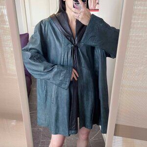 Vintage Hooded Green Leather Poncho: Oversized 90s Cape Coat (3XL)